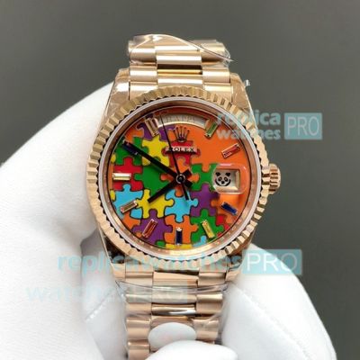 8+ Factory Luxury Copy Rolex Day-Date Gain Weight Rose Gold Cal.3255 Puzzle Dial Watch 